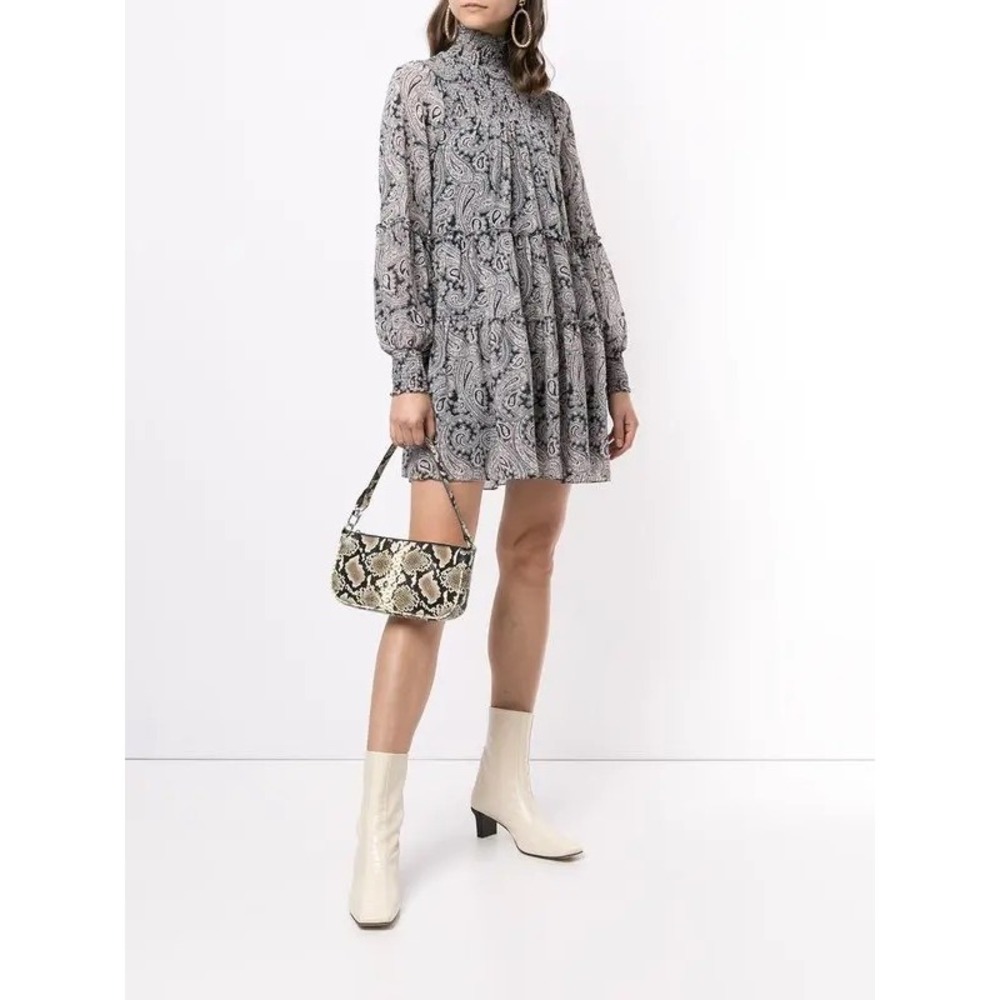 Cinq à Sept Rika Paisley Mini Dress Sz‎ 2 Navy Blue Smocked Tiered Babydoll Chic